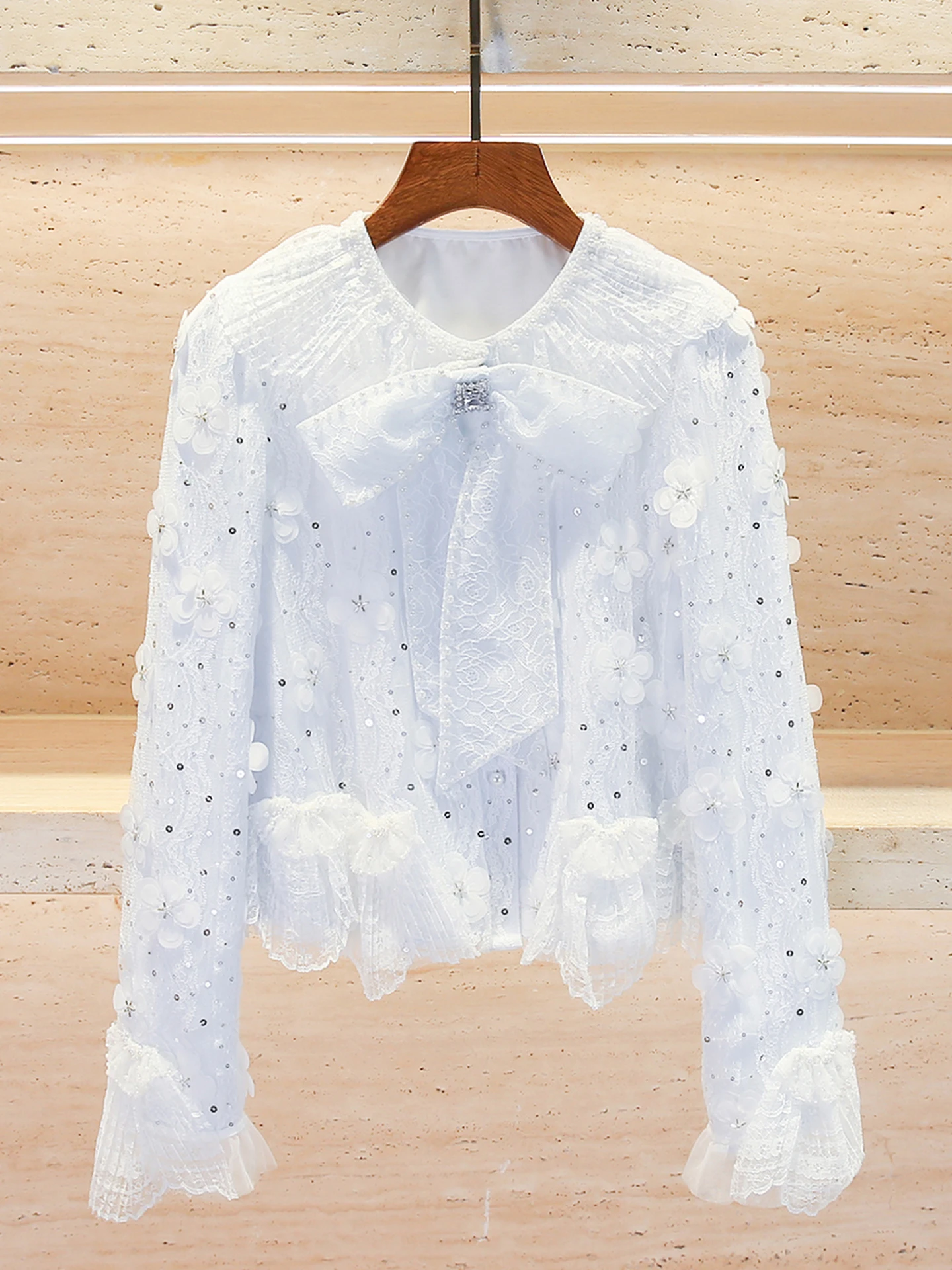 

Shiny Sequin Knot Lace Shirt Women's Premium Spring Fashion Elegant Miss Rich Style Casual Straight Cut Long Sleeve...