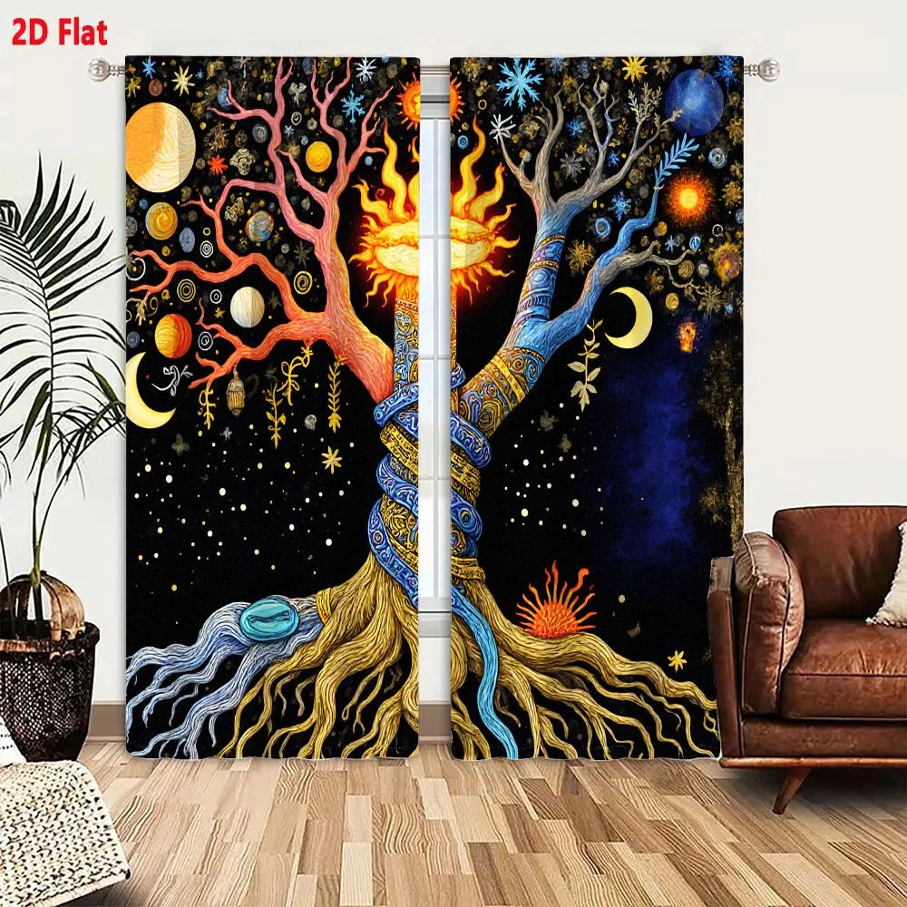 2Pcs Curtains 2D Flat Surreal Celestial Tree Artwork With Sun Moon Branches And Golden Spirals On Black Starry Night Sky Window