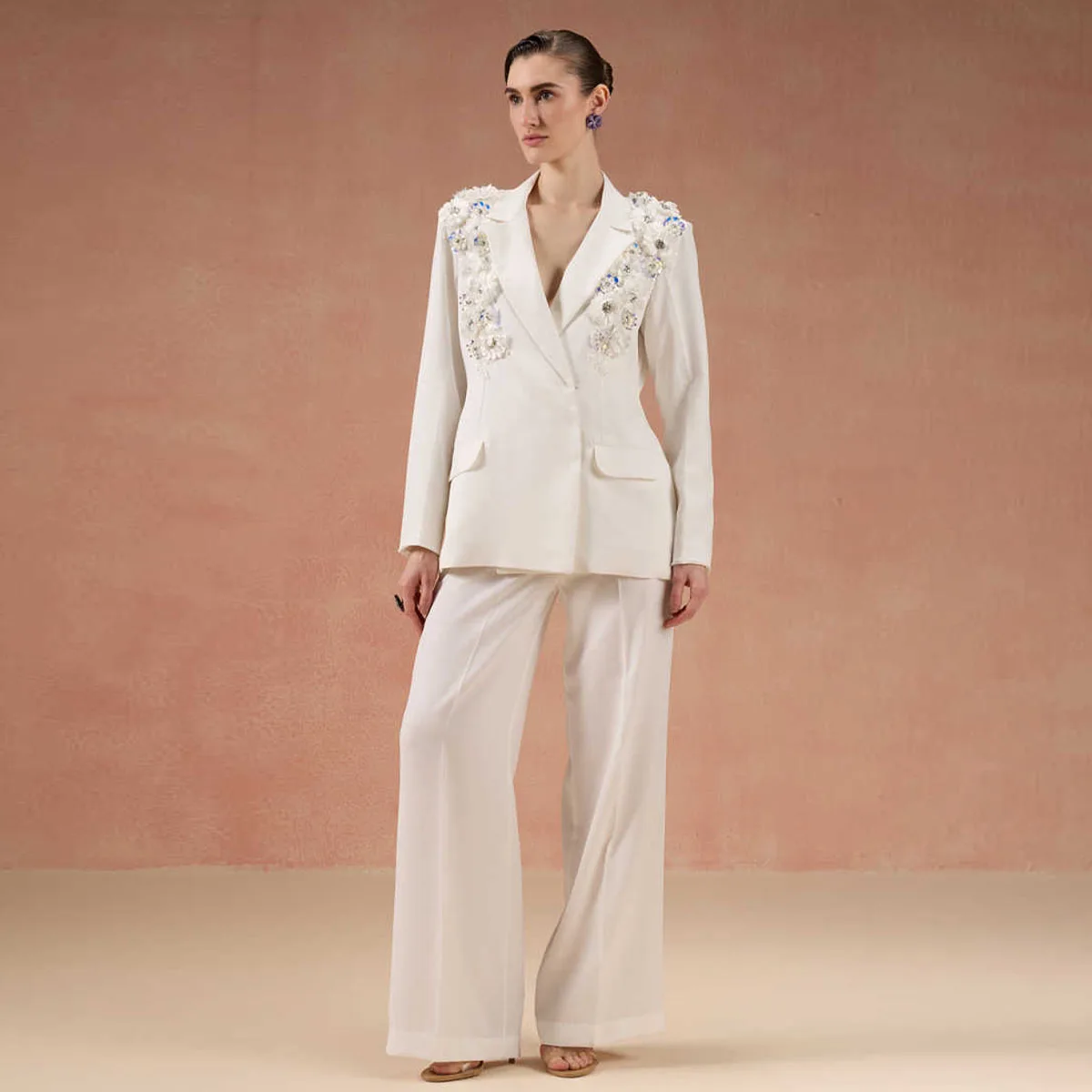 Luxury Women Suit 2 Pieces Jacket Pants Notched Lapel Flowers Double-Breasted Beading Blazer Full Slim Fit Pocket Daily Dresses