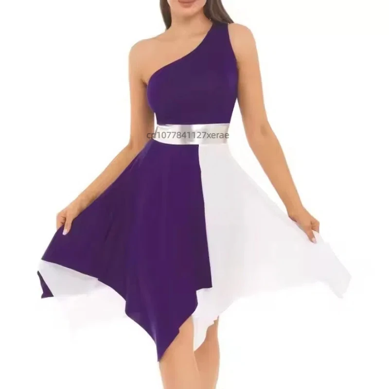 European and American New Modern Sleeveless Dance Dress, One Shoulder Asymmetrical Contrasting Performance Dance Dress for Women