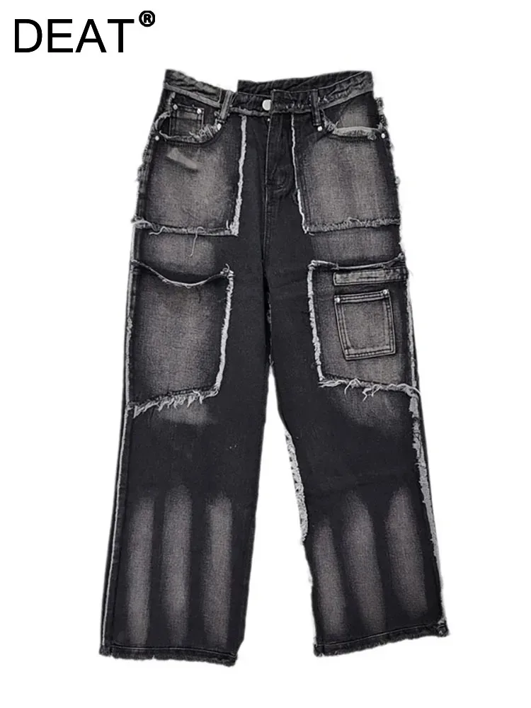 

DEAT Women's Jeans High Waist Black Burrs Spliced Multiple Pockets Cargo Straight Denim Pants 2024 Autumn New Fashion 29L7481