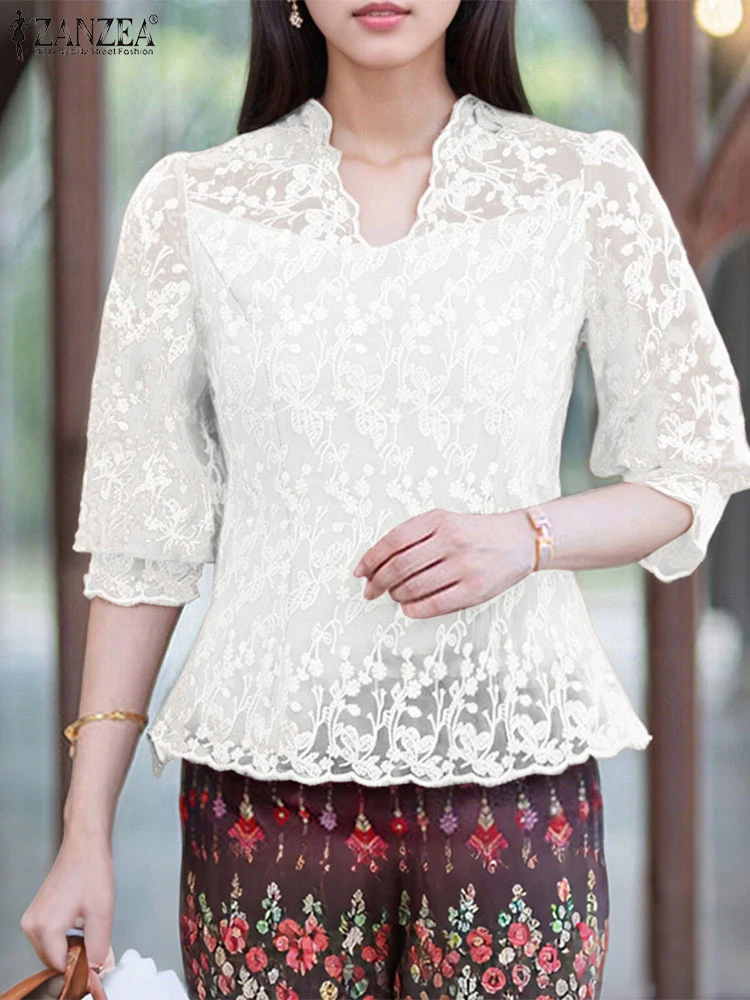 

Elegant Women Blouses 2025 ZANZEA Summer Lace Crochet Shirt Fashion V Neck Half Sleeve Work Tops Casual Embroidery Party Blusas