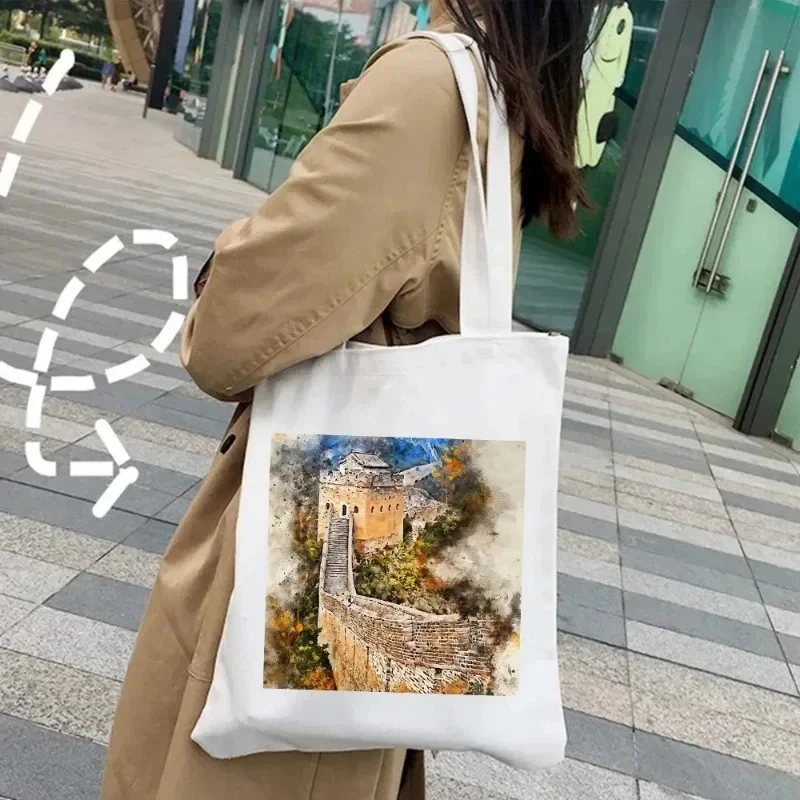 London Madrid borsa a tracolla del Cairo Budapest Venice Sydney acquerello borsa a mano in tela da donna borsa per la spesa ambientale