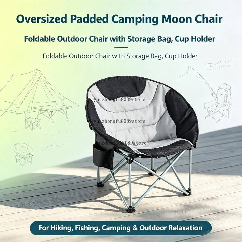 Oversized Padded Camping Moon Chair, Foldable Outdoor Chair with Storage Bag, Cup Holder and Backpack Design