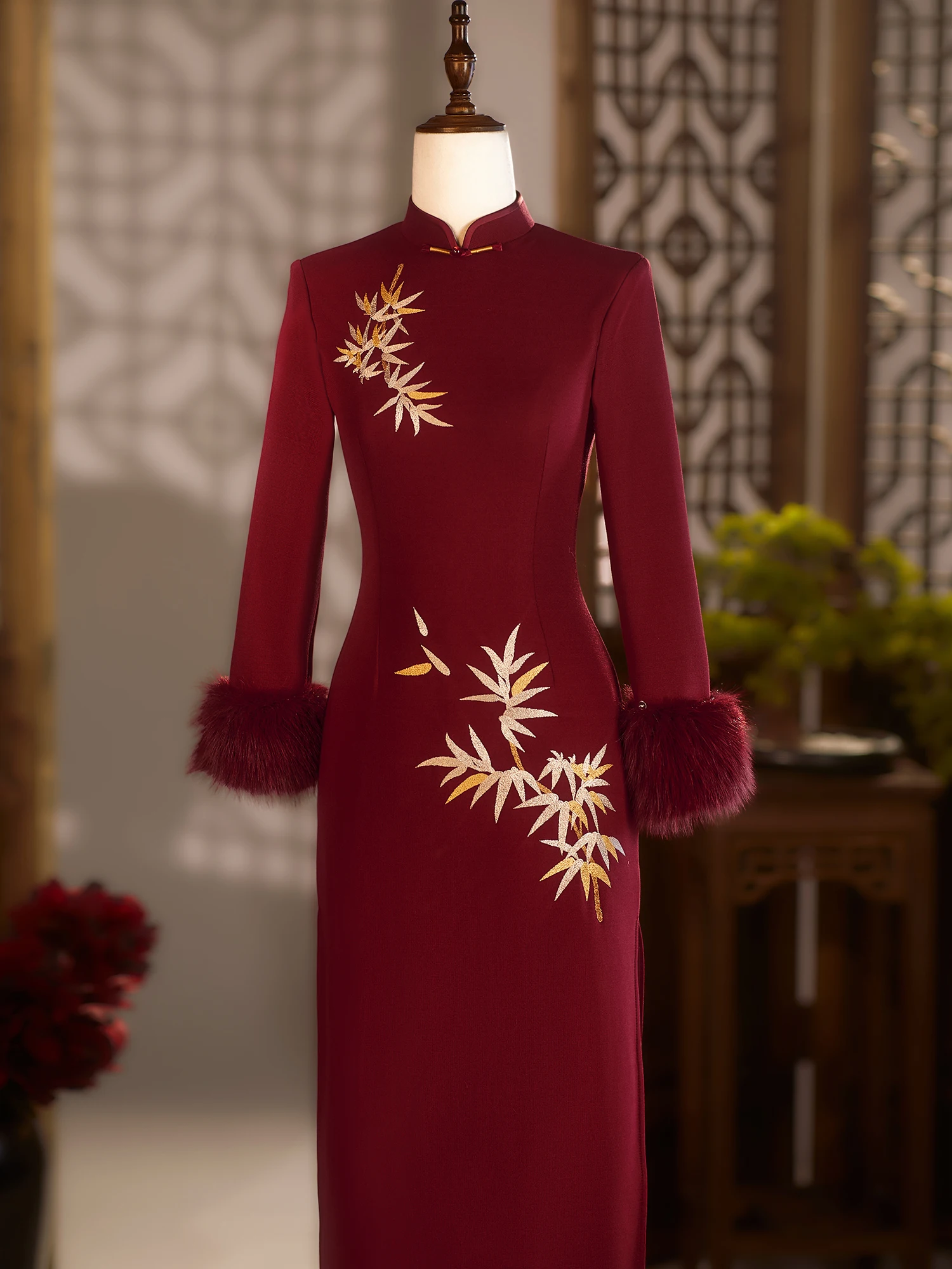 

Long Thiened Bamboo Le Wedding Dr Traditional Chinese Long Qipao Evening Gown for Women over 35 Years Old