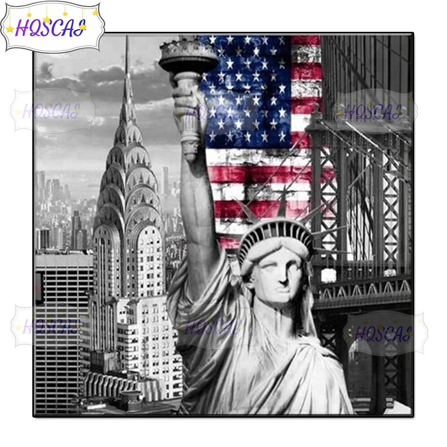 5D DIY Black and white landscape, statue of liberty Diamond painting circle full character mosaic cross stitch mosaic home decor