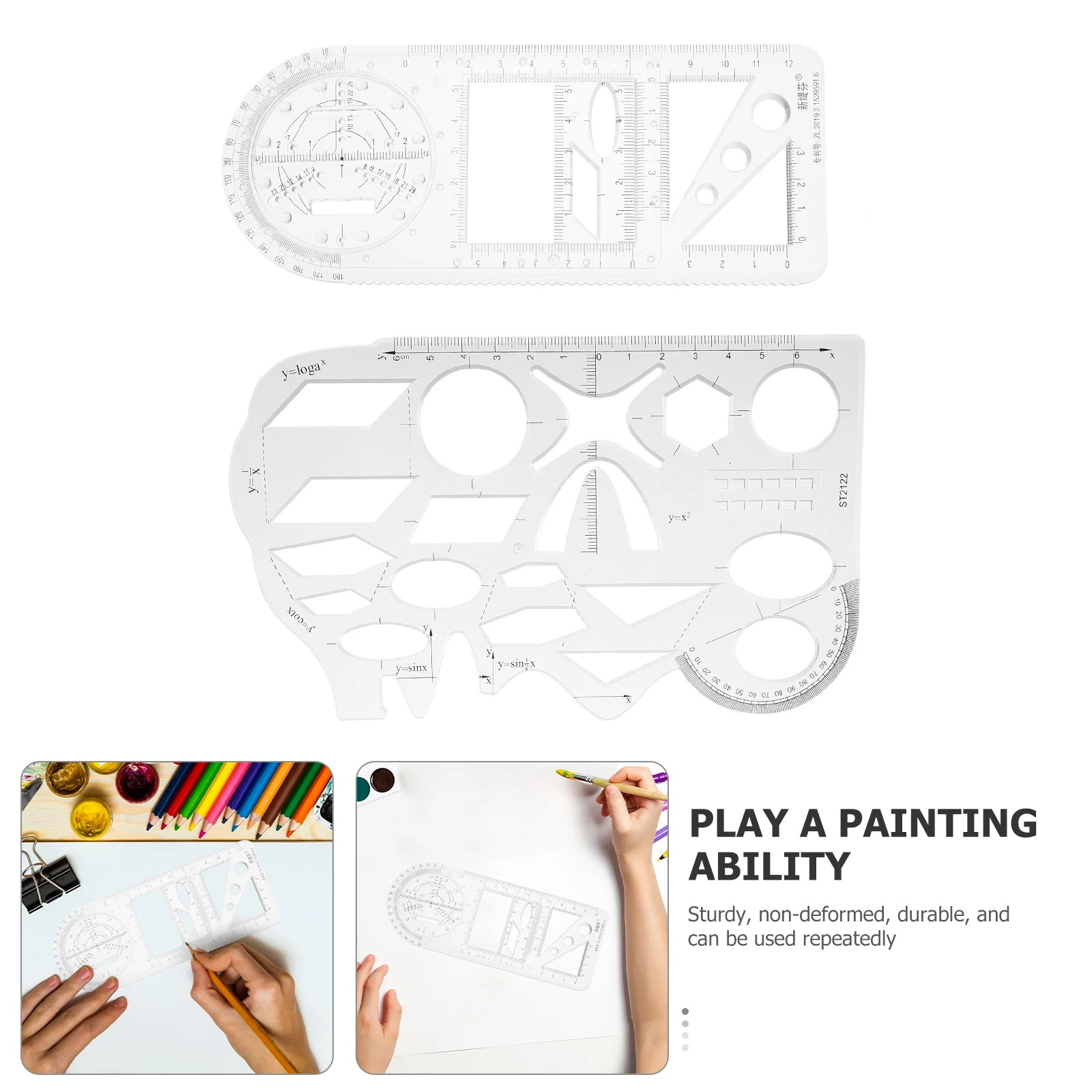 2pcs Multifunctional Drawing Ruler Transparent Plastic Student School Supply Teaching Aid Clear Scale Design