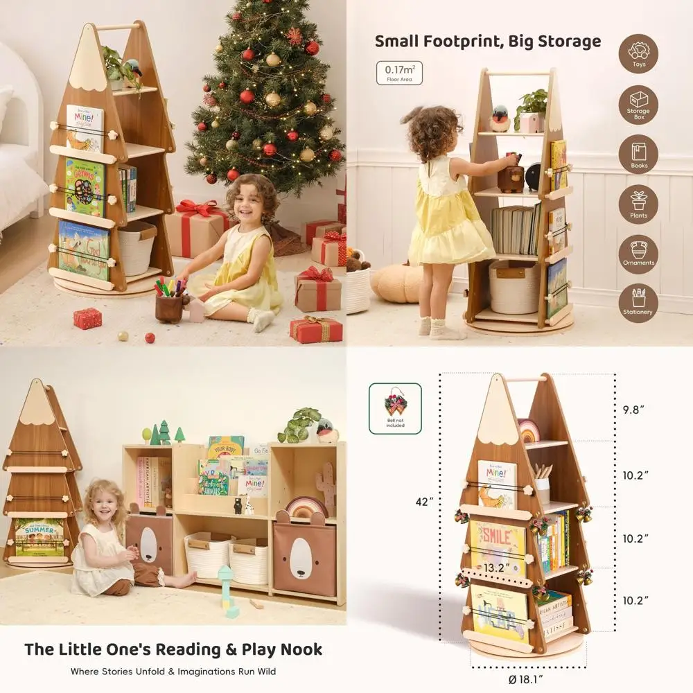 

4-Tier Rotating Wooden Bookshelf Tower for Kids, Small Spaces, and Classrooms