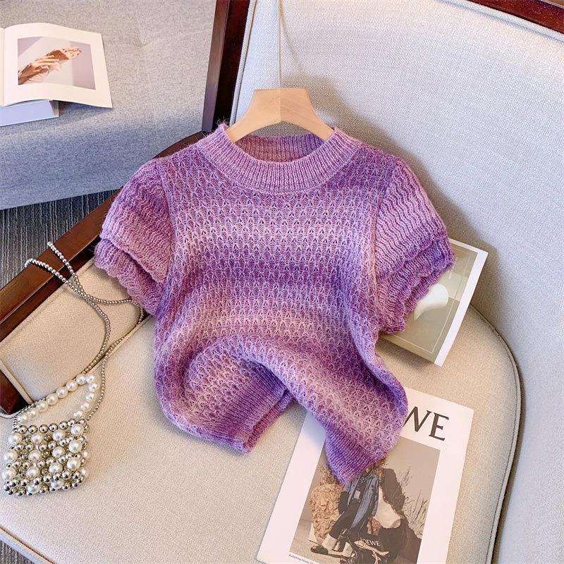 Summer Rainbow O Neck Short Sleeve Women Knitted Pullovers Fashion Harajuku Casual Sweet Oversized Clothing T Shirts Pink Dating