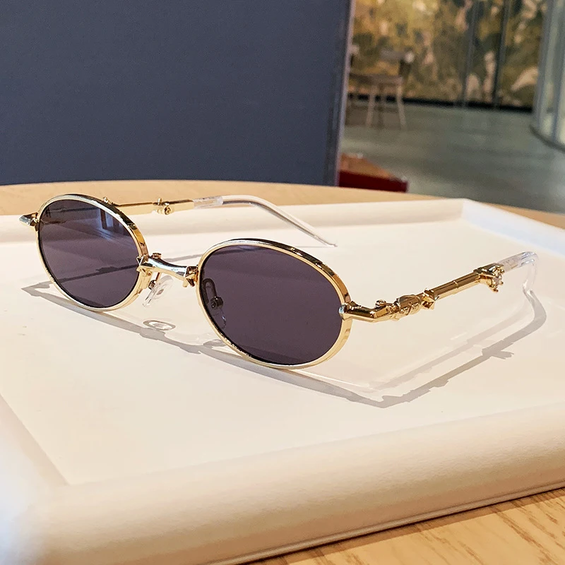 Neue faltbare ovale Metall-Sonnenbrille im koreanischen Stil mit Strass, perfekt für den modischen Street-Style.