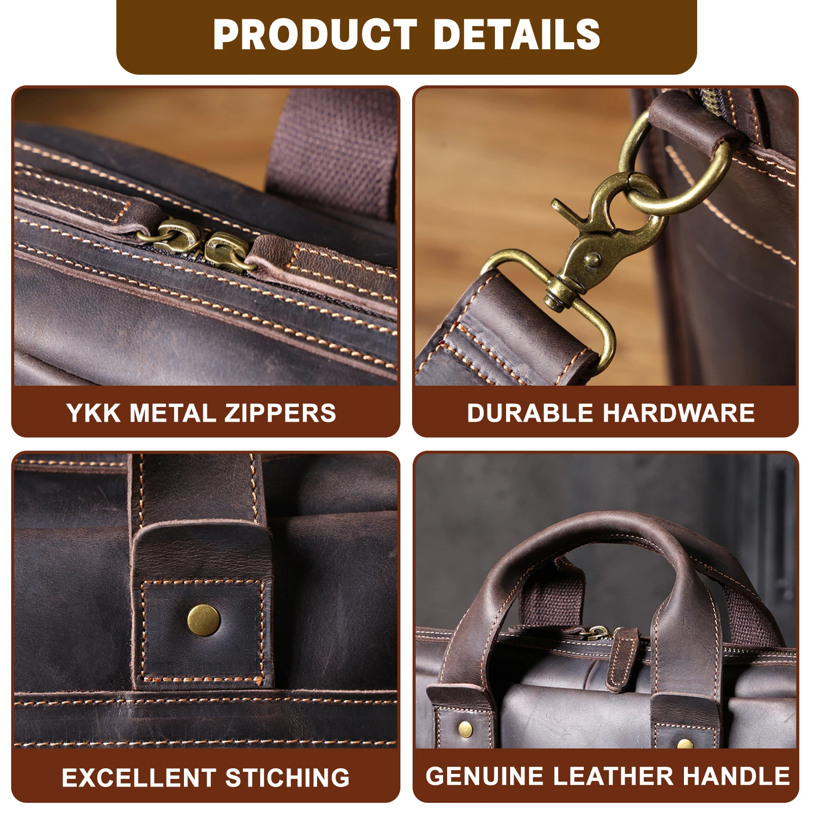 Vintage Echtleder Herren-Aktentasche 14" Laptop-Tasche Crazy Horse Leder Messenger-Handtasche Rindsleder Geschenkidee für Männer – Detail 14