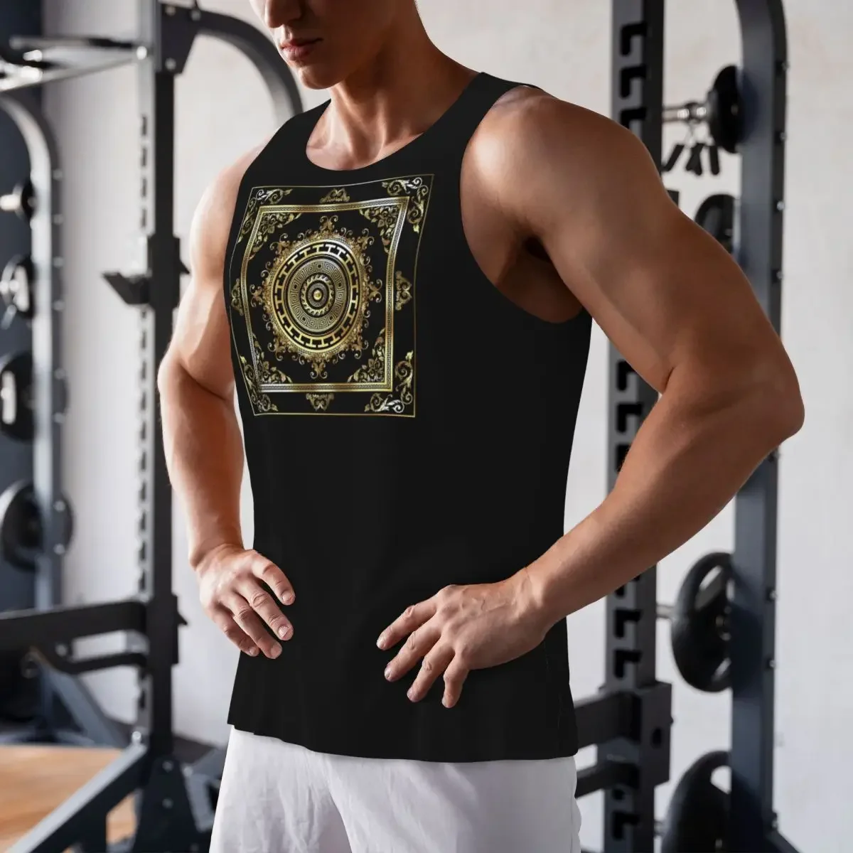 Quick Dry Greek Keys Black Gold Medallion Meander Baroque Gym Tank Muscle Sleeveless Shirt Bodybuilding Breathable Vest