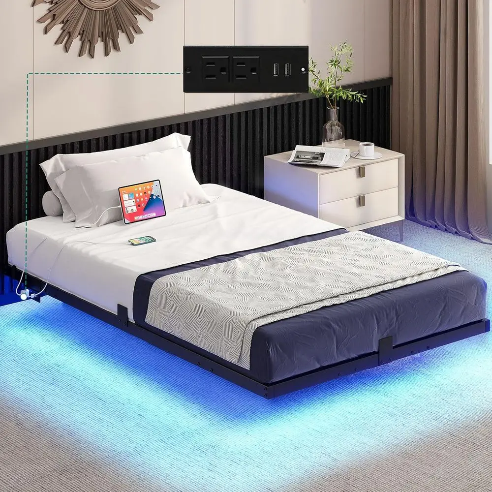 loating Bed e Twin Size, LED Bed e with Charging Station, Metal Platorm Twin Bed with Heavy Duty Steel Slats Supports, No Box Sp