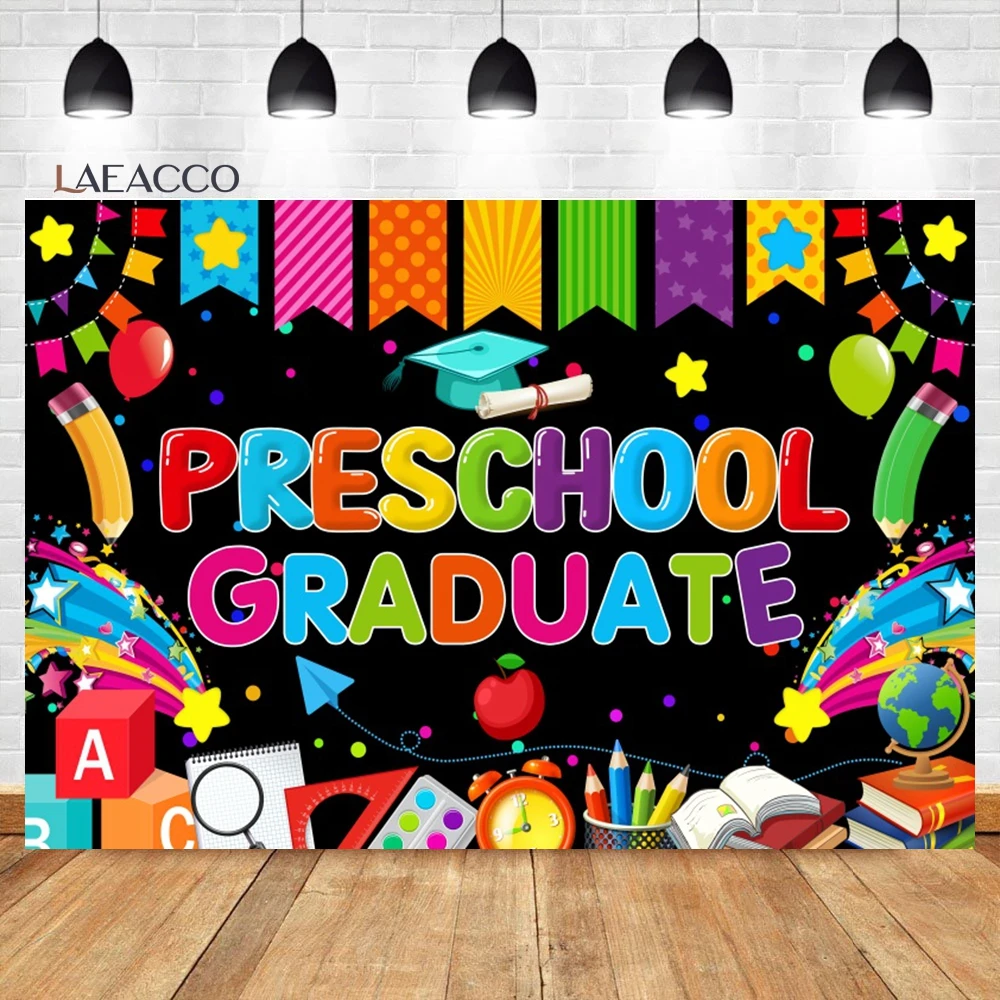 Laeacco Kindergarten Congrats Grad Backdrop Cartoon Pencils Balloons Preschool Graduation Party Portrait Photography Background