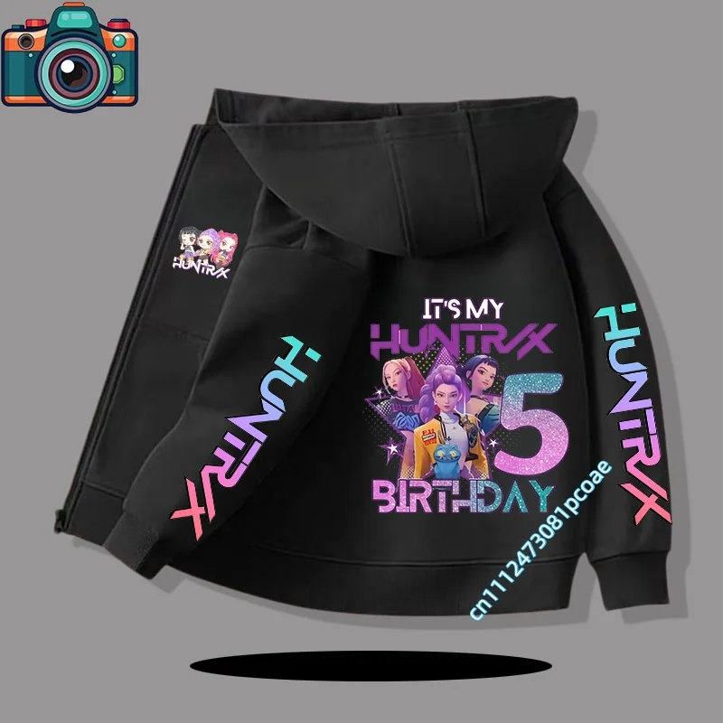 girls' casual top with cartoon print 2-10 years old children's hooded coat for autumn and winter with zipper, boys' sports shirt