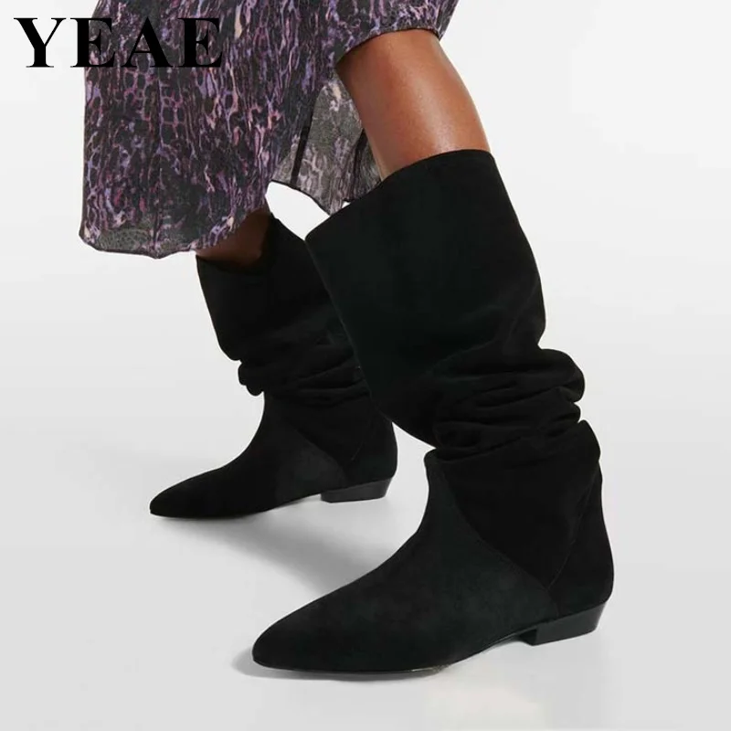 2024 New Women\'s Pleated Knee-high Boots Female Slip On Long Knight Boots Woman Winter Autumn Pointed Toe Western Cowboy Boots