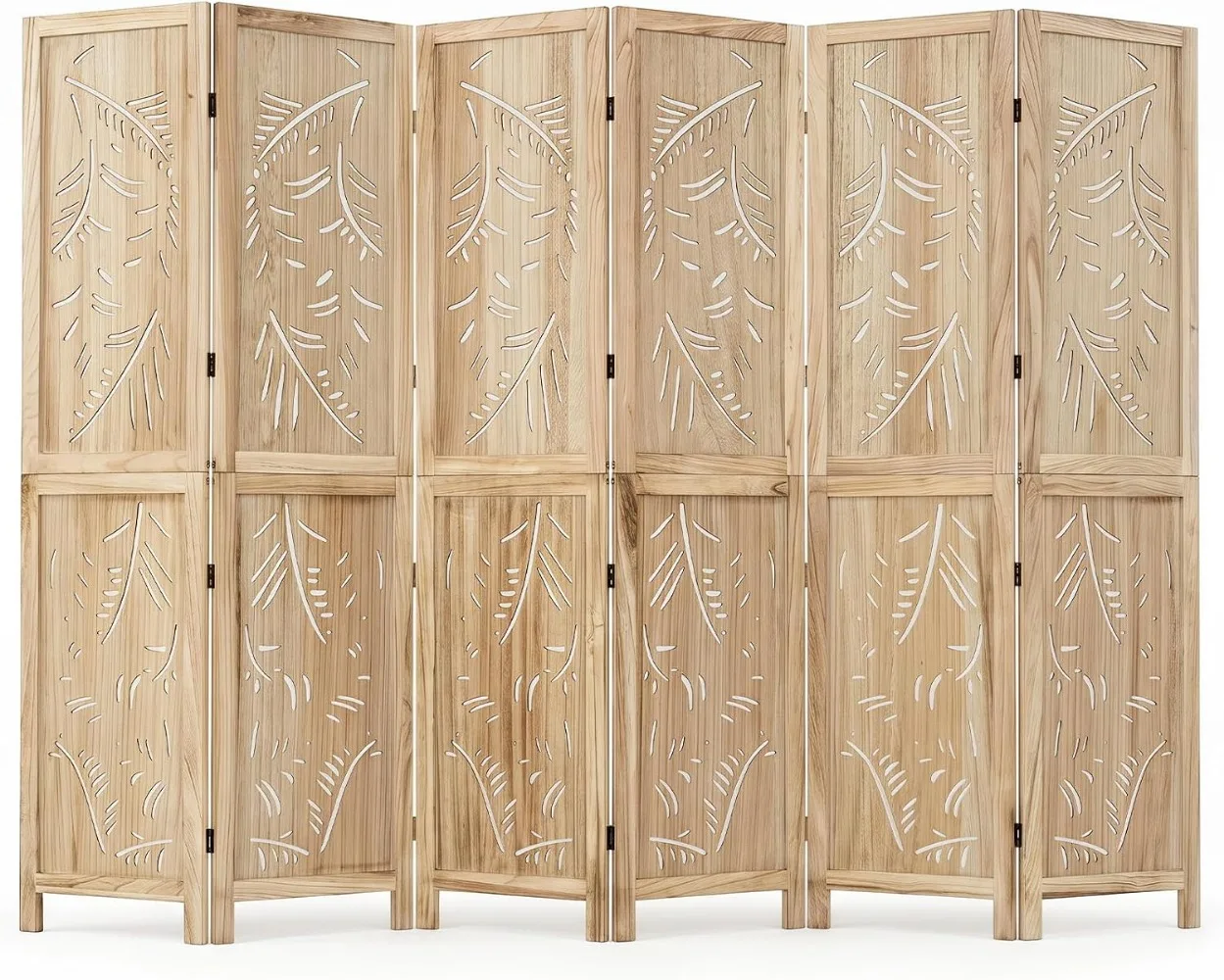 6 Panel Boho Room Divider with Carved Palm Leaf Pattern, Natural