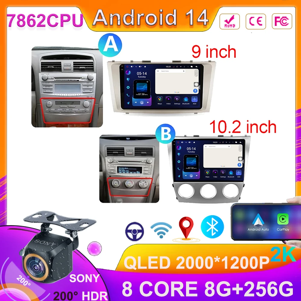 Car Wireless Carplay Android auto For Toyota Camry 6 XV 40 50 2006 - 2011 Android 14 Multimedia Navigation GPS NO 2DIN 4G WIFI