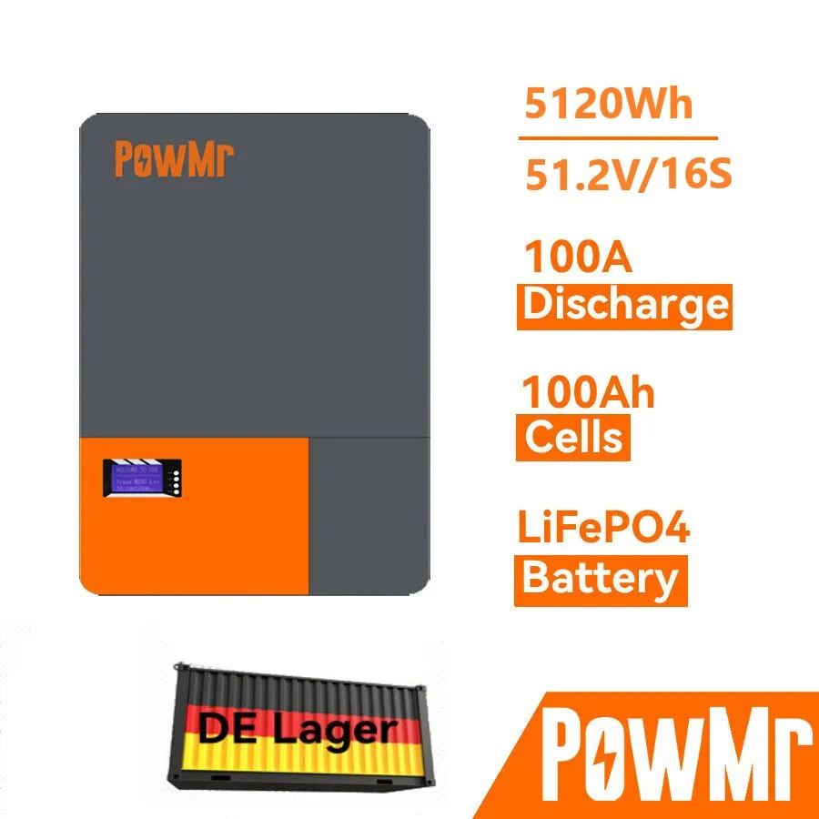 

Литиевая батарея PowMr, 51,2 в, Ач, Powerwall LiFePo4, кВтч, 16S BMS, настенная батарея для хранения энергии, домашний источник питания на солнечной энергии