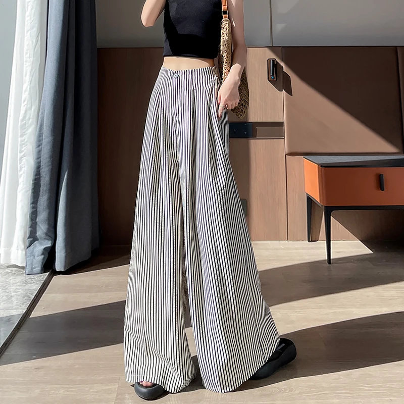 Retro Trend Striped Wide-leg Pants Women 2025 Summer Thin Lazy Style Straight Suit Yamamoto Pants