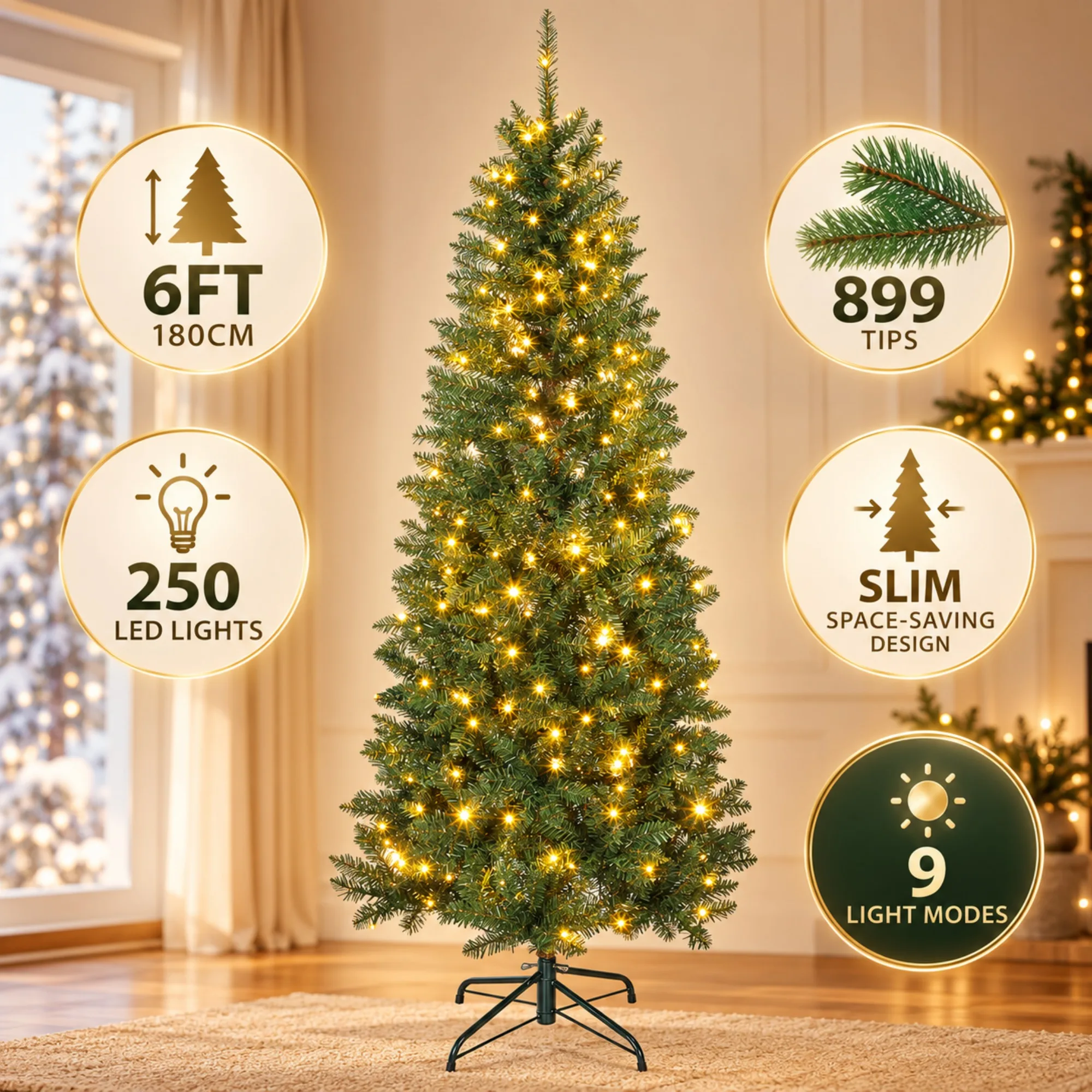 Albero di Natale artificiale da 180 cm, modello sottile, con luci preinstallate e 250 LED a luce bianca calda e multicolore, 9 modalità di illuminazione, 899 punte dei rami, ignifugo, albero di Natale