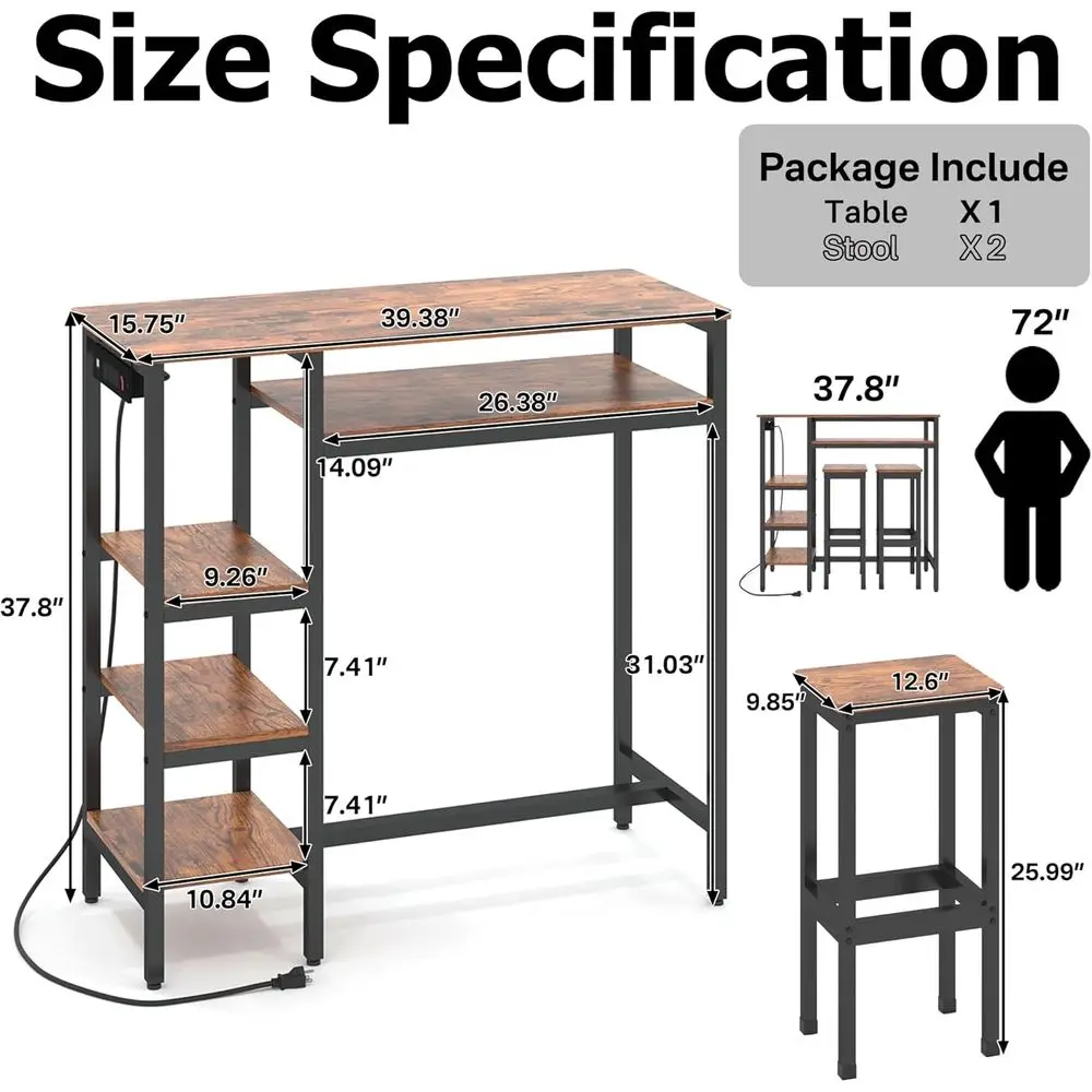 Bar Table and Chairs Set or 2,3-Piece Dining Set with Power Ooulets,Industrial Bar Table Set with Storage Shelves, Kitchen Count