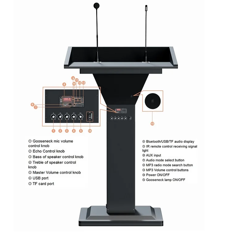 New Design Fashion Customized Led Light Pulpits/Podiums Stand Metal Wood Construction 2 Wireless Microphones Built-in