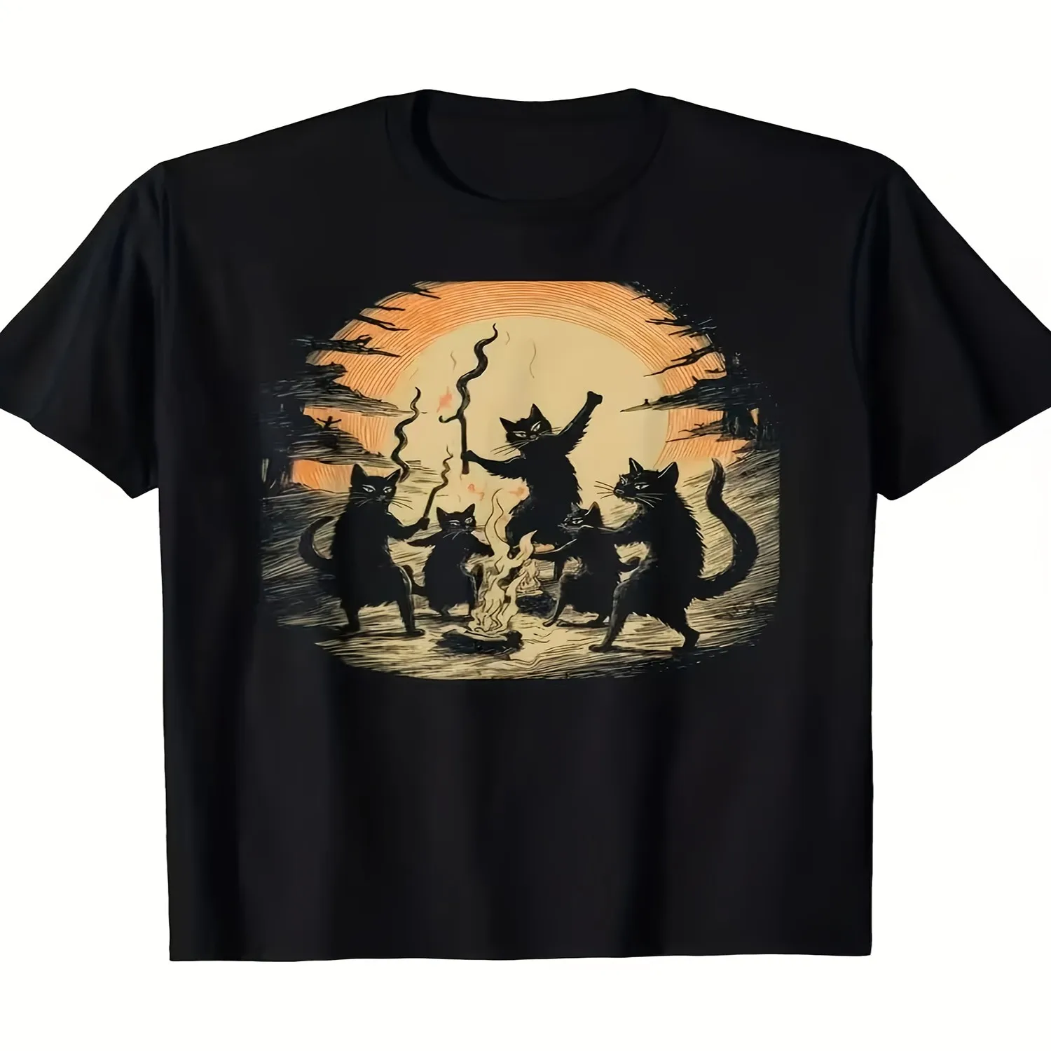 Vintage Black Cat Witch Gathering T-Shirt - Retro Gothic Design Featuring a Full And Bonfire Witchcraft Pattern, Casual Crew Neck Top, Perfect for Halloween Costumes And Everyday Wear - Quirky Pa Short Sleeve T Shirt, Birthday Gift Tee