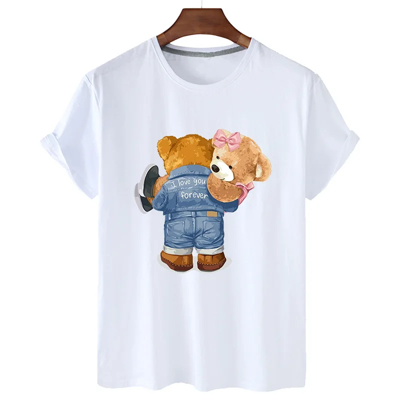 

100% Cotton Summer Princess Bear Print Shirt Short Sleeve O-neck Loose T-shirt Women's Plus Size T-shirt Men's And Women's S-4XL