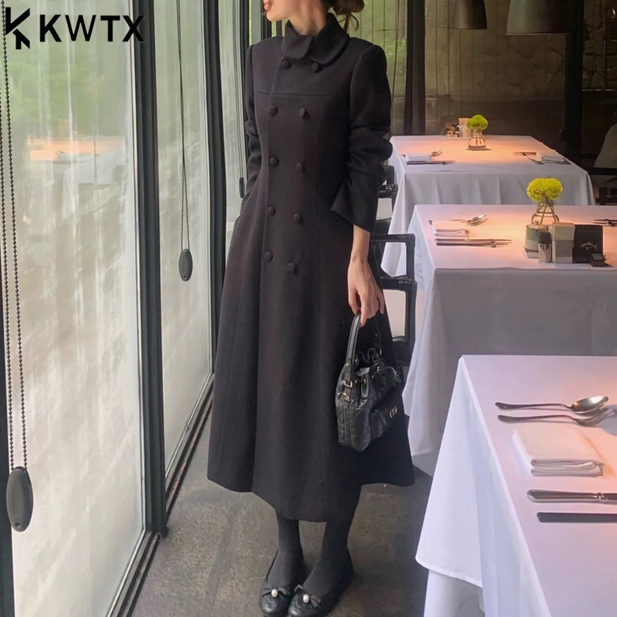 

KWTX женское двубортное шерстяное пальто 2025 года, винтажное длинное пальто с поясом и карманами с лацканами, элегантное зимнее роскошное однотонное повседневное шикарное пальто
