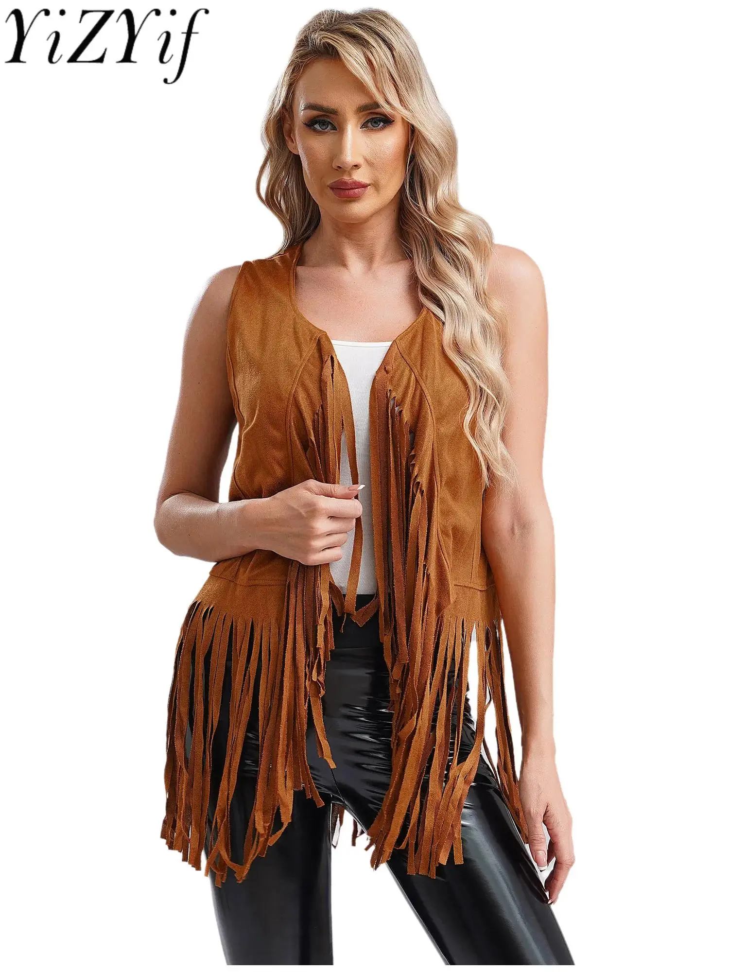 Women Vintage Gothic Western Cowgirl Fringe Vest Tops Cowboy Shirt Waistcoat Sleeveless Tassels Cardigan Jackets Cowboy Cosplay