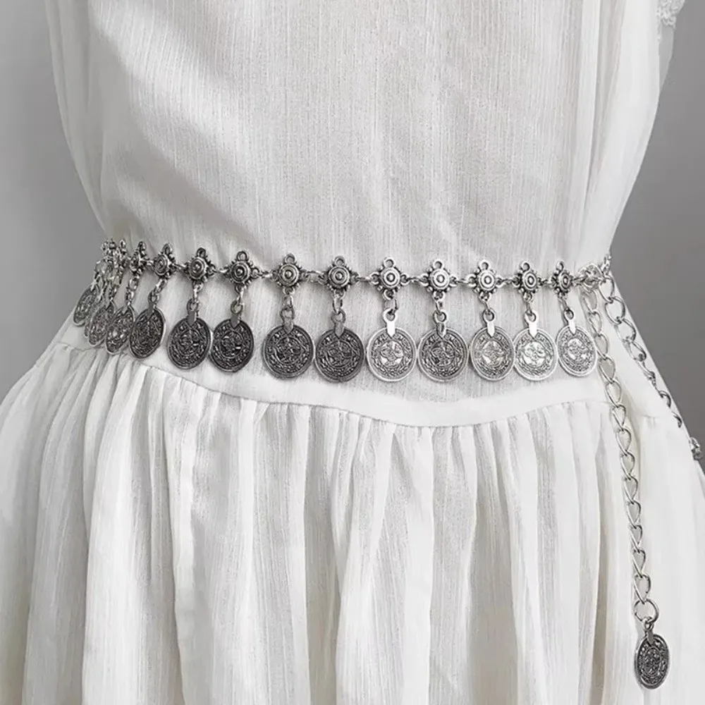 سلسلة بطن معدنية كلاسيكية فاخرة يهز العملات المعدنية الذهبية/الفضية حزام الخصر شرابات تصميم سلسلة الجسم للنساء