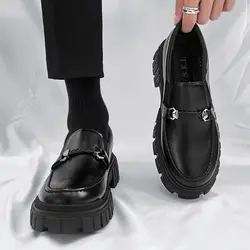 Man Casual Loafers Shoe Black Business Leather Shoes for Men Round Toe Height Increasing Platform Footwear Offer Shipping Free