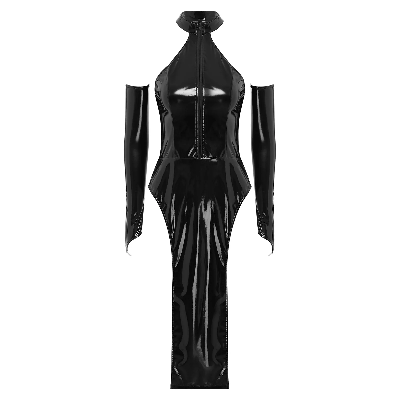 Womens Wet Look Patent Leather Dress with Removable Sleeves Halter Sleeveless Bodycon Dress Tempting Knee-length Dress Club Wear