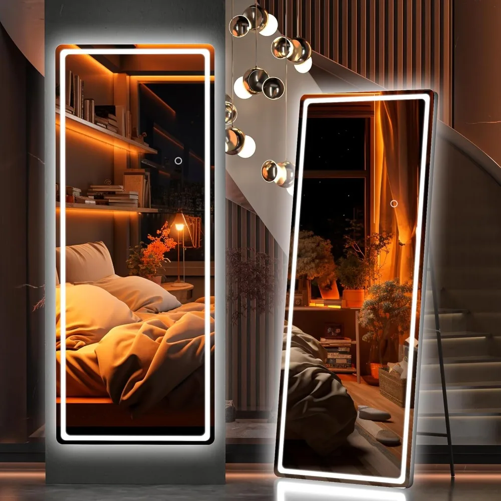 Hasipu Full Length Mirror with Lights, 56" X 20" LED Floor Mirror, Full Body Dressing Standing Mirror, Hanging Mounted