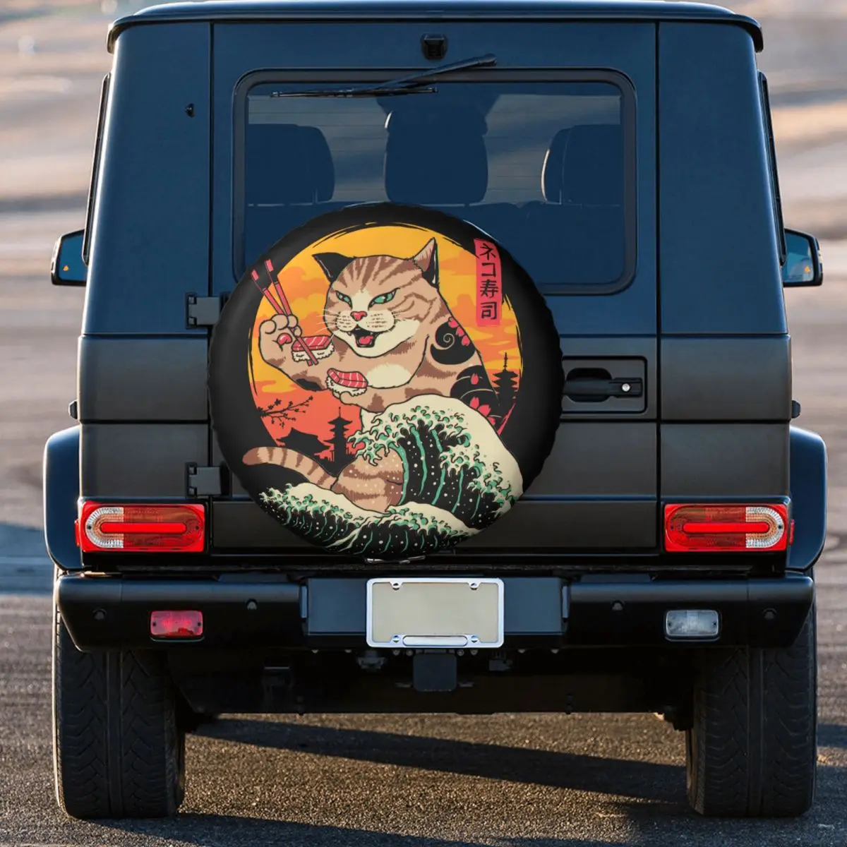 Neko Sushi Wave Spare Tire Cover for Prado Wrangler Jeep RV SUV Trailer Japan Retrowave Feline Cat Car Wheel Protector Covers