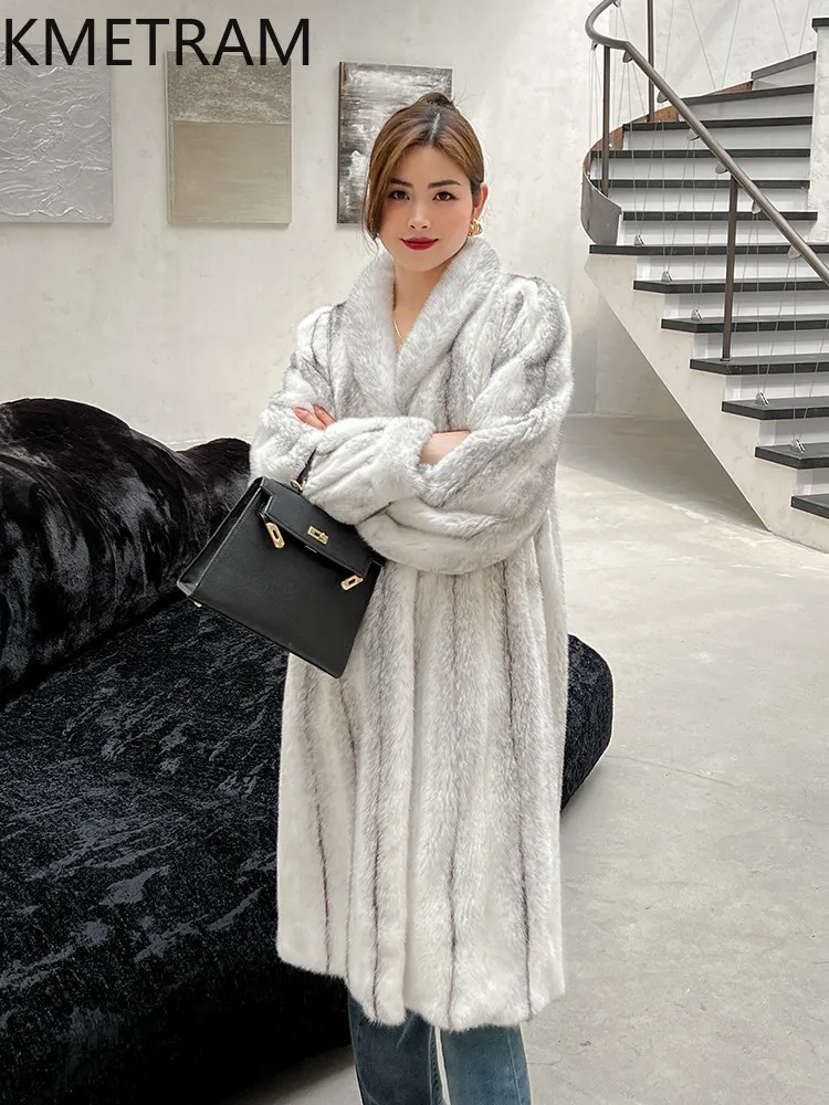 KMETRAM, chaqueta de piel de visón cruzada de 100% de terciopelo púrpura para mujer, abrigo largo de lujo de piel de visón auténtica, ropa de invierno para mujer, 2025 шу onder