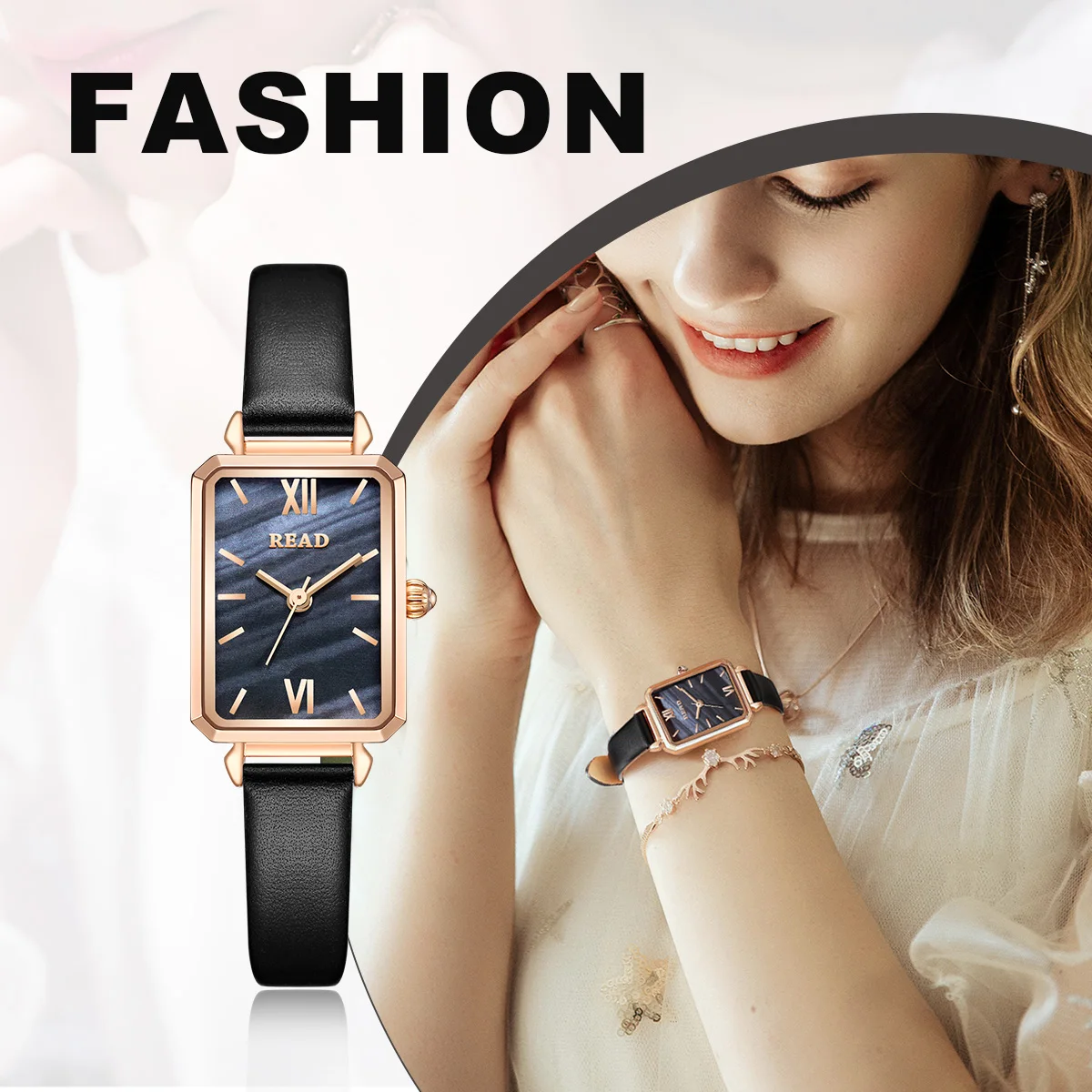 Ladies Analog Dress Watch | Retro Square Case | Dark Marble Style Dial | Black Textured Band | Daily Water Resistant Wrist Watch