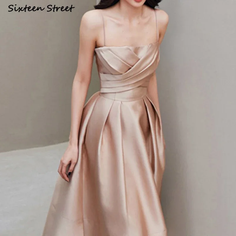 

Champagne Satin Dress Ladies Elegant Spaghetti Strapped Bodycon Dress High Waisted Vintage Women's Clothing Summer