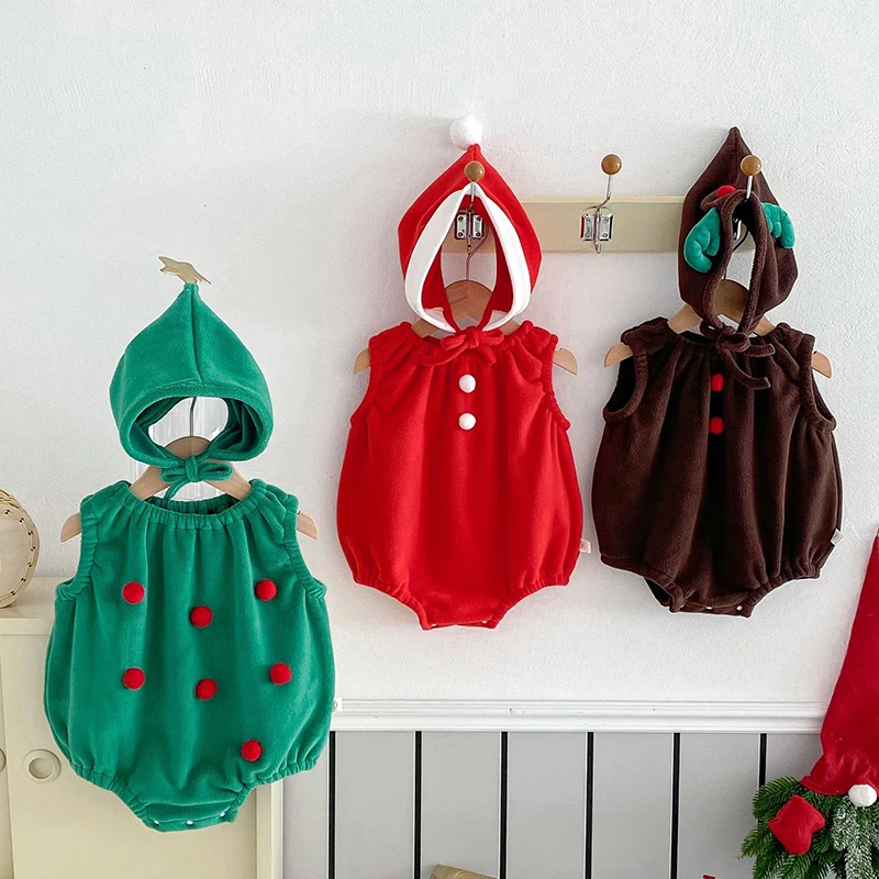 2024 Christmas Costume New Year Clothing Suit Infant Baby Boys Girls Jumpsuit Newborn Baby Boys Girls Thick Bodysuits+Hat