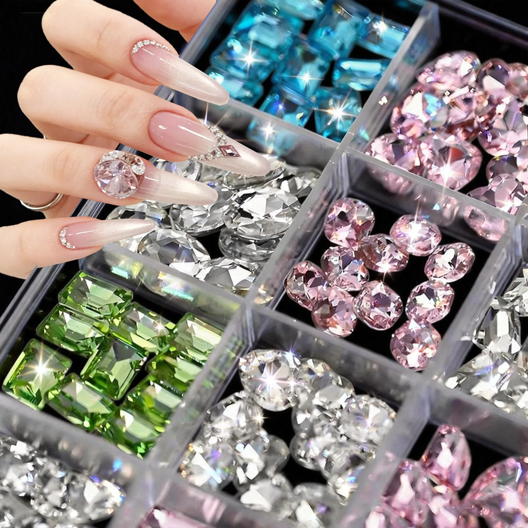 15Grids 3D Pink Clear Gemstone Nail Art Rhinestones Rectangle/Heart/Round/Oval Glass Crystal Diamond Nail Jewelry Nail Decoratio