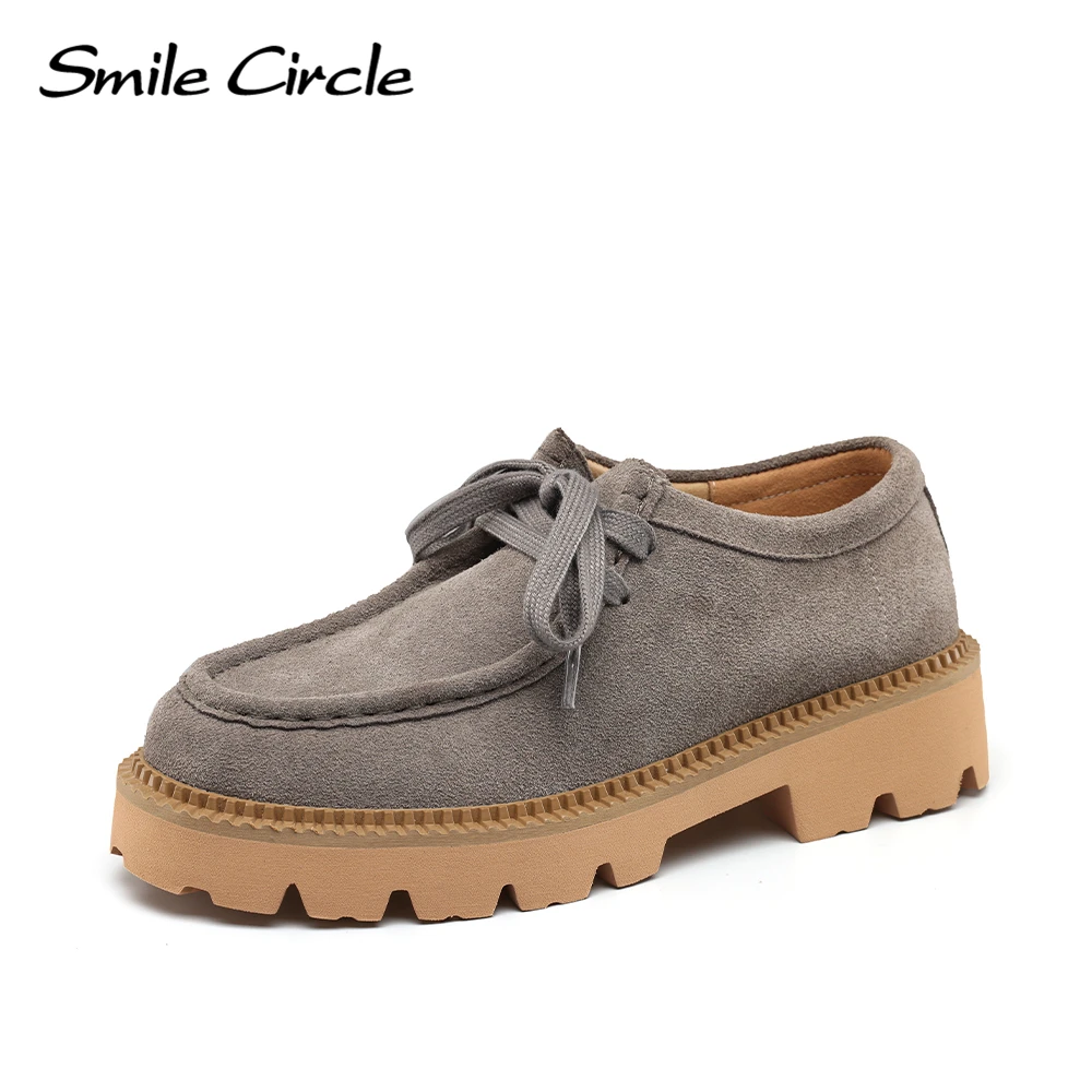 Smile Circle Suede Derby Shoes Women Lace-up Round Toe Flat Platform Shoes Fashion Casual Shoes Women\'s Loafers