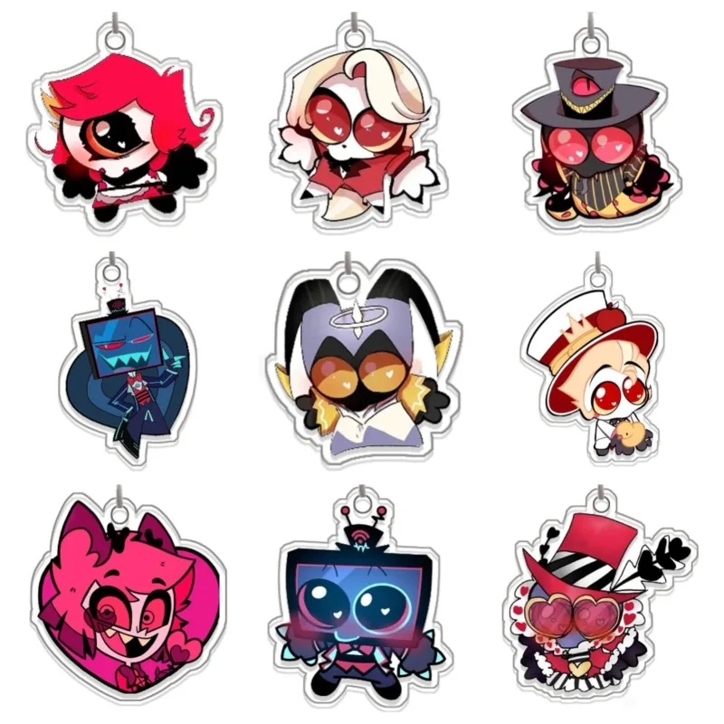 Llavero de acrílico original de Hazbin Hotel, con personajes de Vox, Adam, Moxxie, Alastor y Angel Dust, diseño de dibujos animados, 5 cm, ideal para regalo