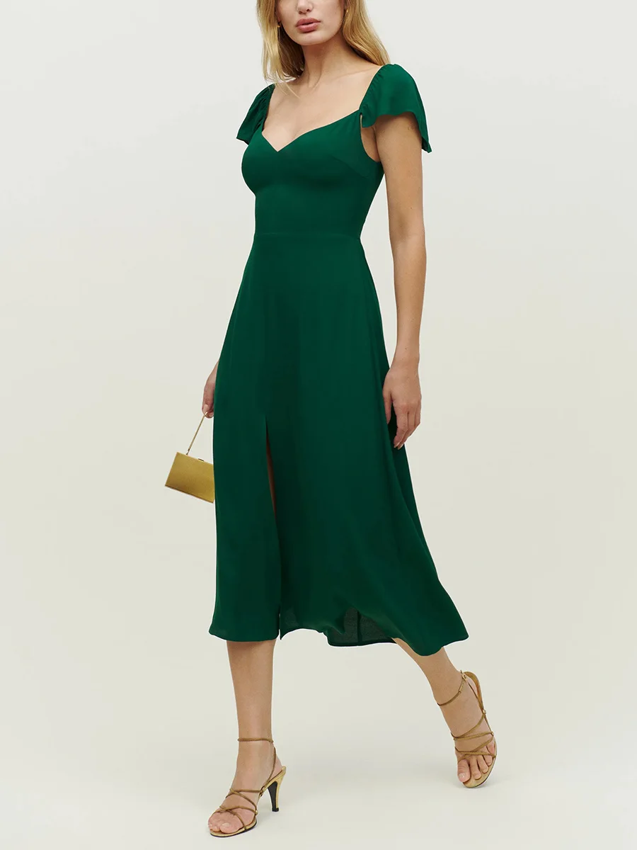 Wedding Guest Elegant Evening Party Dresses For Women 2023 Summer Short Sleeve Sweetheart Neck Vintage Front Slit Midi Dress