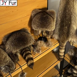 Lady Real Raccoon Fur Cap Tail Women Natural Raccoon Fur Caps Ushanka Hats for Winter Thick Warm Ears Fashion Bomber Pom Pom Hat