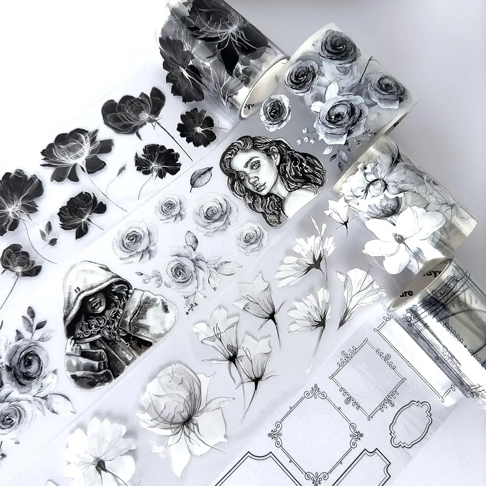 

4 ленты из ПЭТ для ведения дневников и скрапбукинга - черно-белые материалы для джанк-журналов, для творчества и поделок своими руками