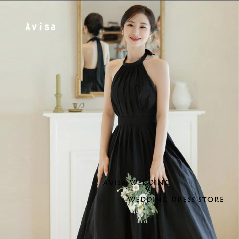 

A Line Black Taffeta Evening Dresses For Korea Women Halter Pleats Backless Sexy Prom Gowns Formal Party Dress Corset Back