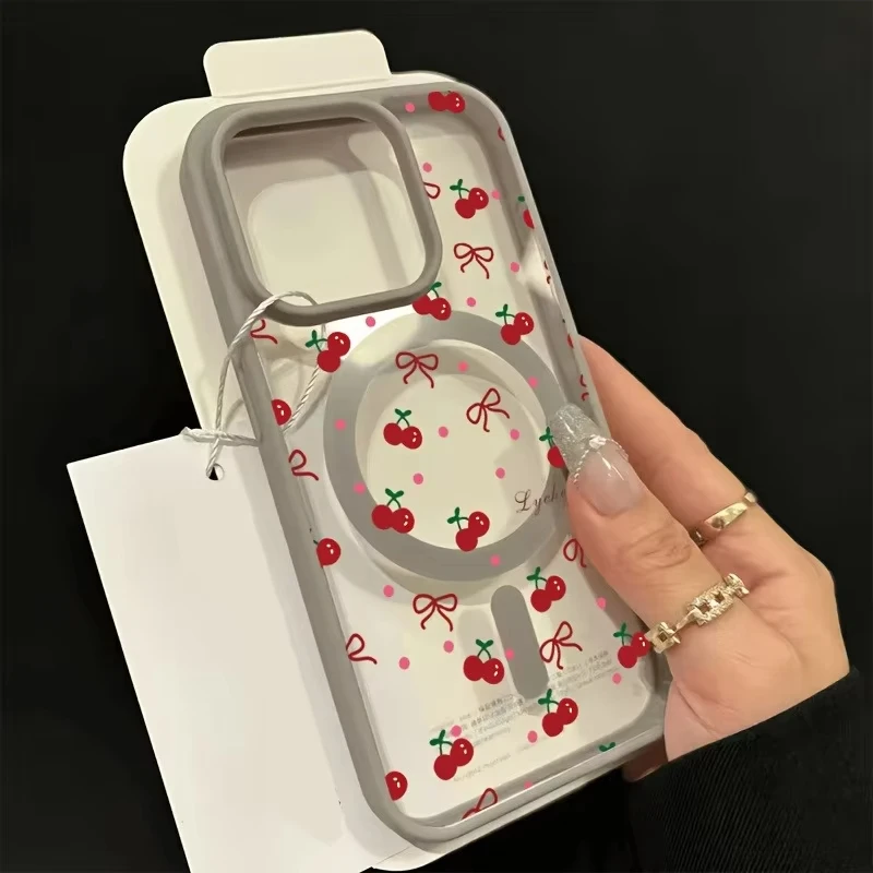 Red Cherry Printed Magnetic Phone Case For iPhone 17 16 15 14 13 12 Pro Max Mini X XS XR 14 Plus 16E 17Air Clear Hard Cover view 5