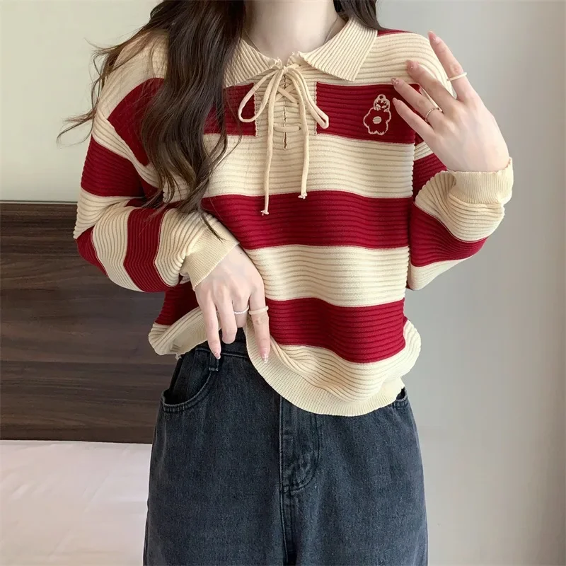 korean Women crop Tops Bottoming Shirt Striped patchwork casual Loose Doll Collar Knit Sweater women Pullover All-match Sweaters