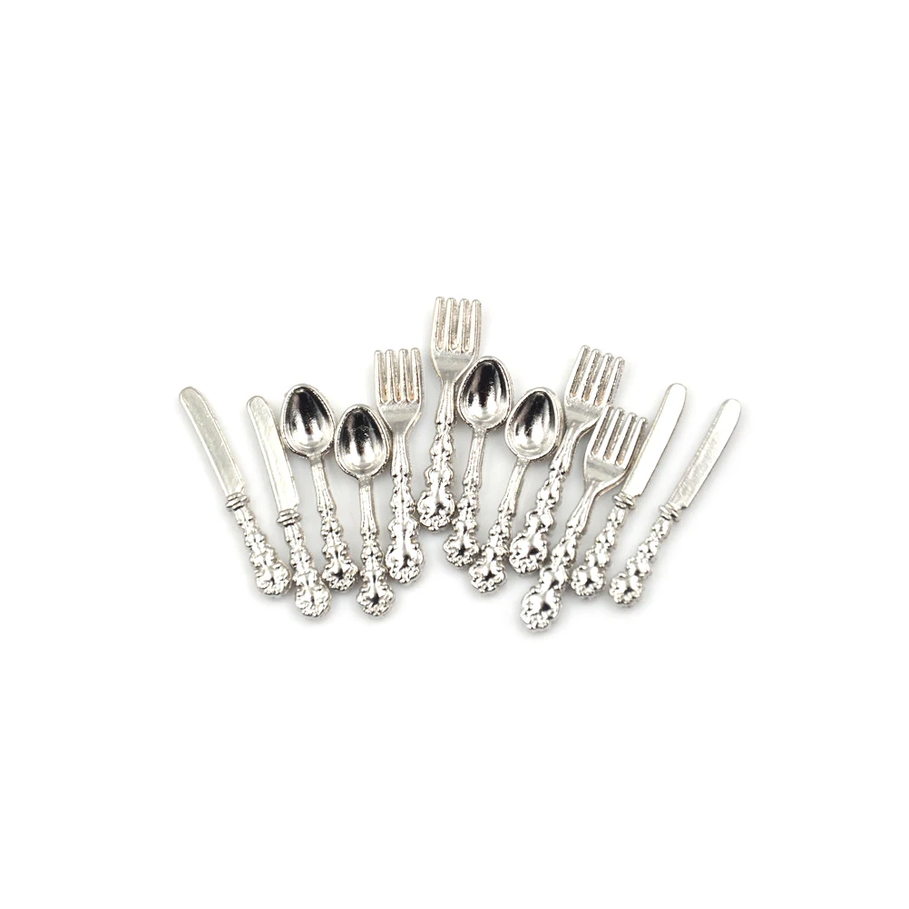 12 pièces 1:12 Mini Vintage maison de poupée Miniatures vaisselle couverts métal or argent couteau fourchette cuillère cuisine nourriture meubles
